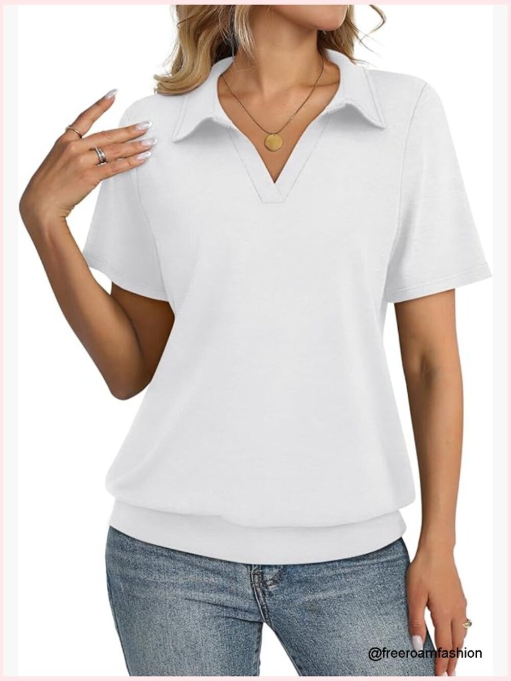 Short Sleeve V Neck Polo Shirt Banded Bottom Business Casual Dressy Blouse